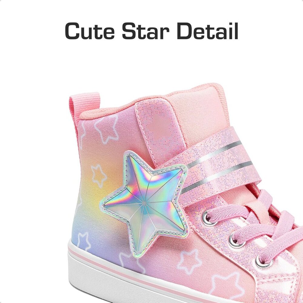 Kid's Girls Sneaker Hook Loop Sparkly Shiny Star Comfortable Casual Pink Shoes - Picture 2 of 6